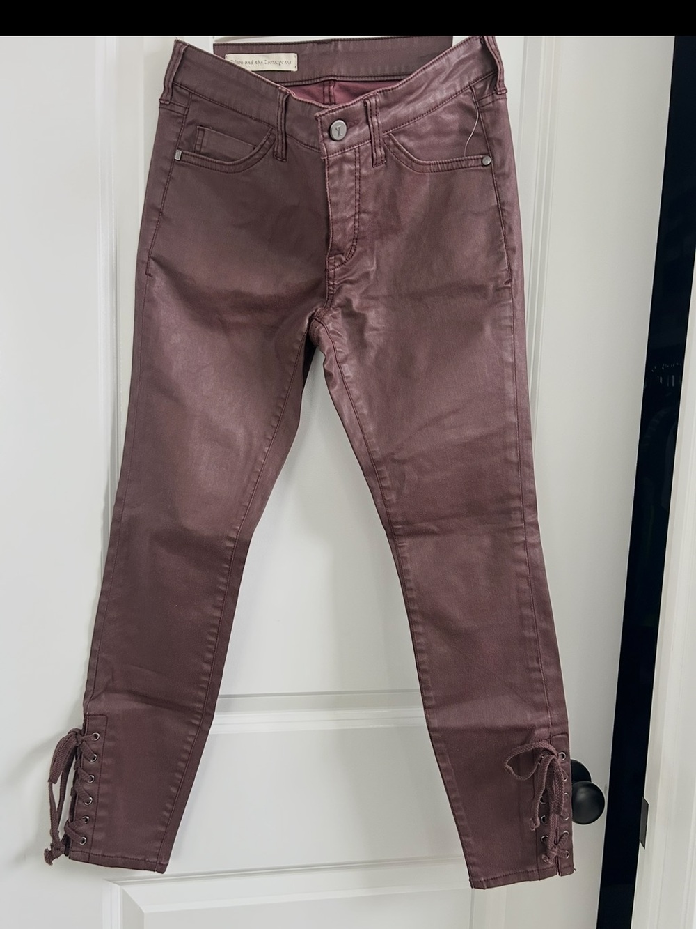 Pilcro and the Letterpress Lace-Up Skinny Jeans in Brown